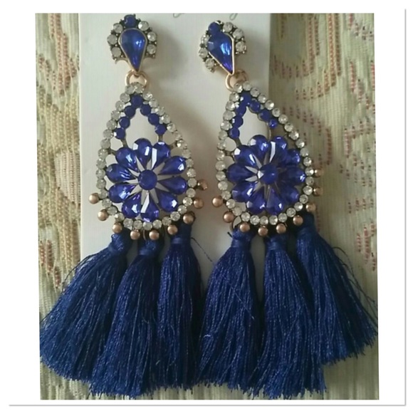 Dark Blue Rhinestone and Tassel Earrings - Picture 2 of 4